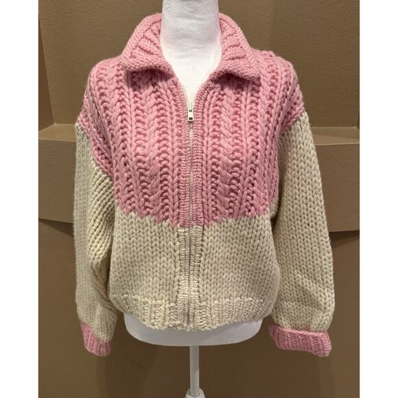Aeropostale Hand Knit Cardigan Sweater Vtg Pink/Crm 100% Wool Y2K Size L - Picture 2 of 11